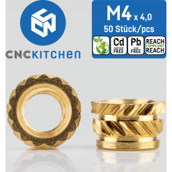 Gjengeinnsats for plast - M4 x 4mm, kort type, 50stk