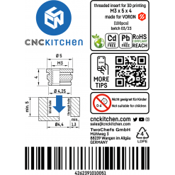 Alternativ syn på Gjengeinnsats for plast - M3 x 5 x 4mm, 100stk (Voron)