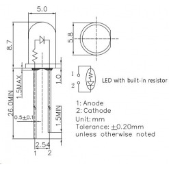 Alternativ syn på Led m/resistor - 5mm, blå, 150mcd, 3-15V