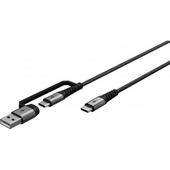 Kabel - USB A/C-C, 60W, 1m, metallplugger, m/adapter
